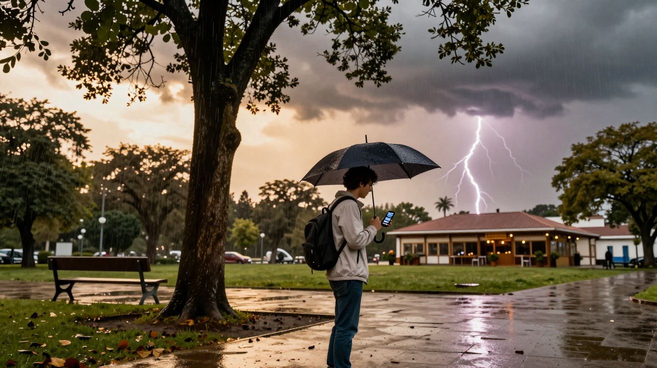 Pessoa com guarda-chuva num parque à chuva durante uma tempestade com relâmpagos ao fundo ao entardecer.