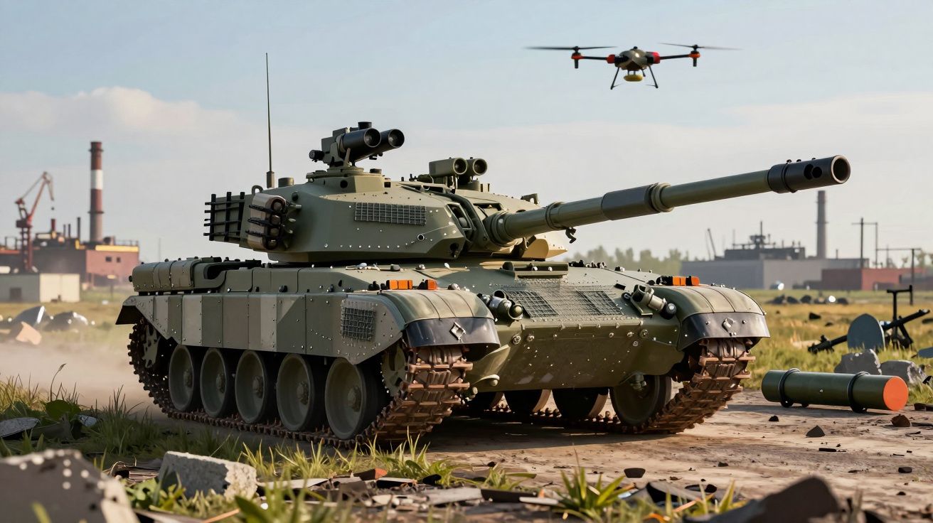 Tanque militar verde estacionado em ambiente urbano com drone voando no céu.