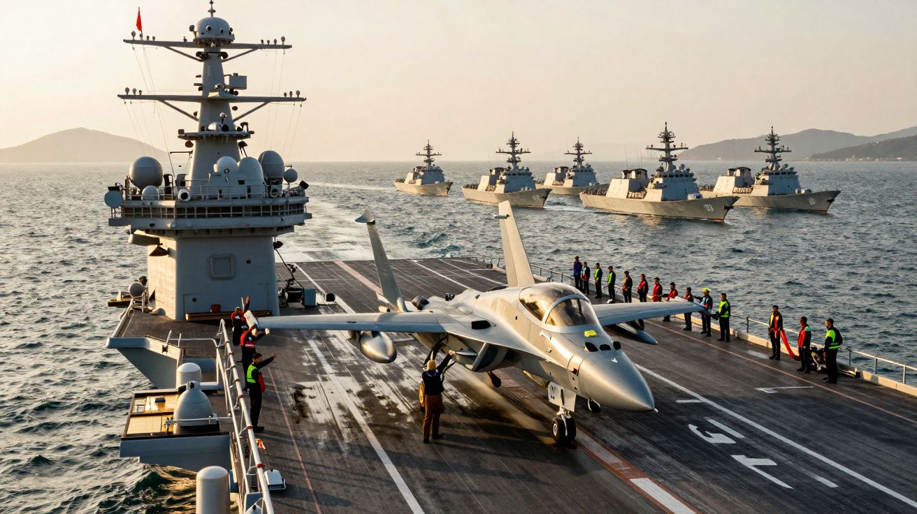 Caça F-18 numa plataforma de porta-aviões com vários navios de guerra e tripulantes em alerta ao fundo.