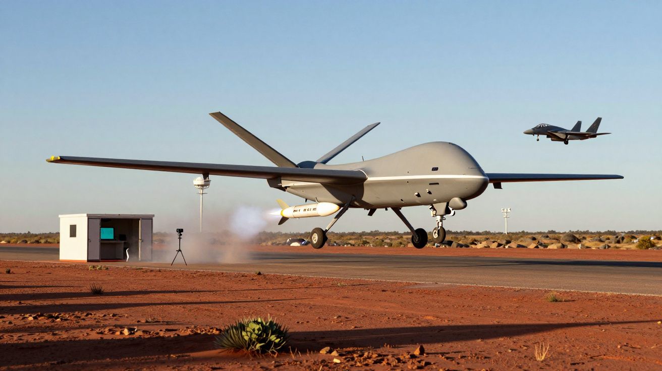 Drone militar cinzento a levantar voo num deserto com avião de combate no céu ao fundo.