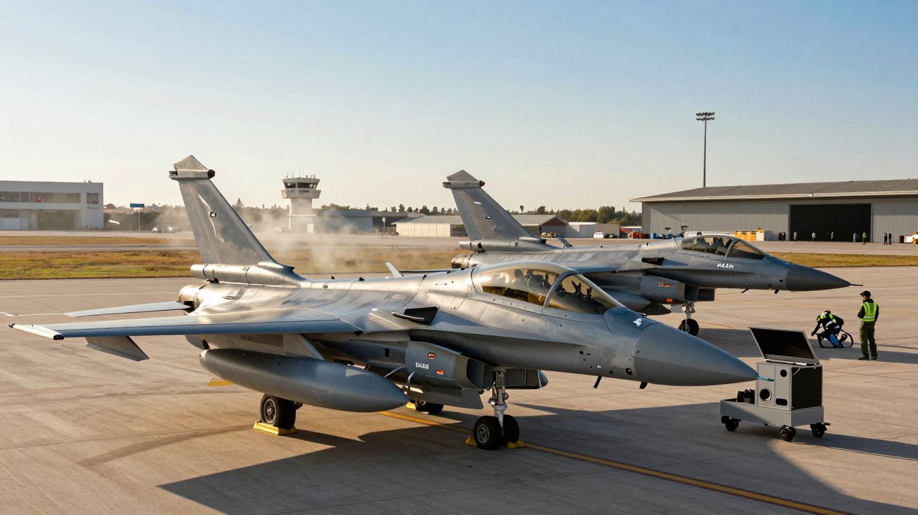 Dois caças militares estacionados numa pista de aeroporto ao pôr do sol com pessoal ao lado e edifícios no fundo.