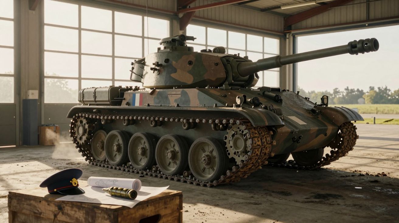 Tanque de guerra militar em camuflagem dentro de um armazém com mapas e munições sobre uma caixa de madeira.