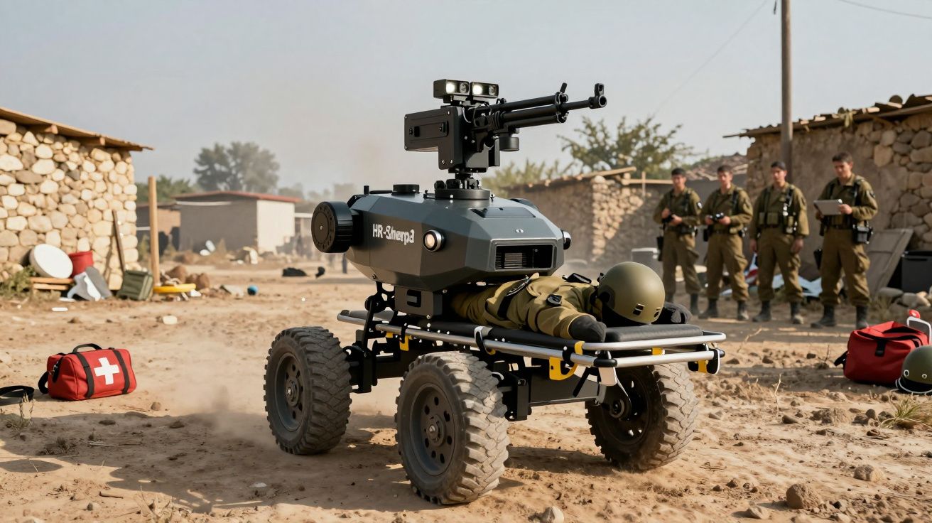 Veículo robótico militar todo-o-terreno transporta manequim de soldado com armamento montado.