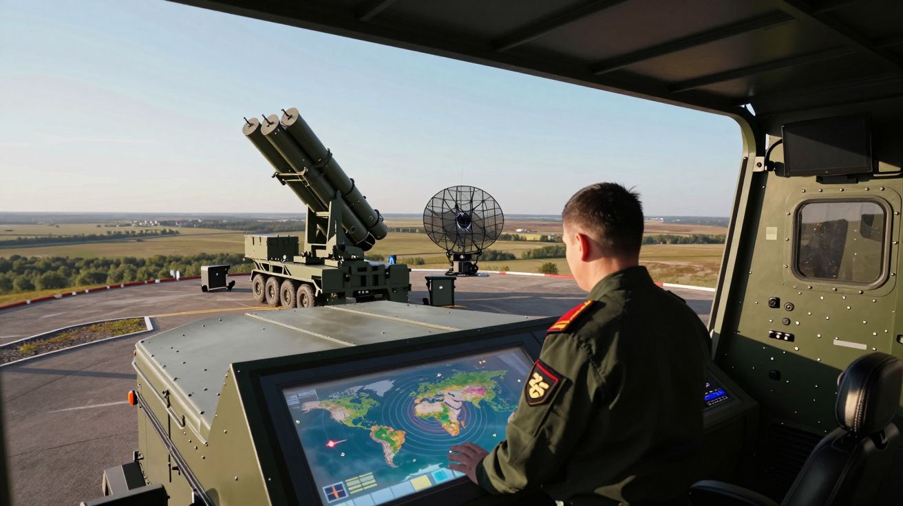 Militar controla sistema de defesa aérea com lançadores e radar em ponto elevado no campo aberto.