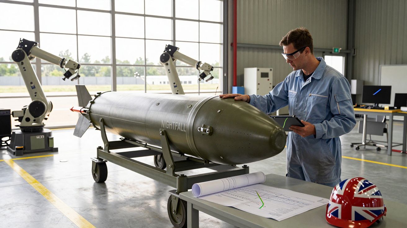 Engenheiro em macaco azul inspeciona torpedo militar chamado Nightfall numa oficina com robôs e capacete britânico.