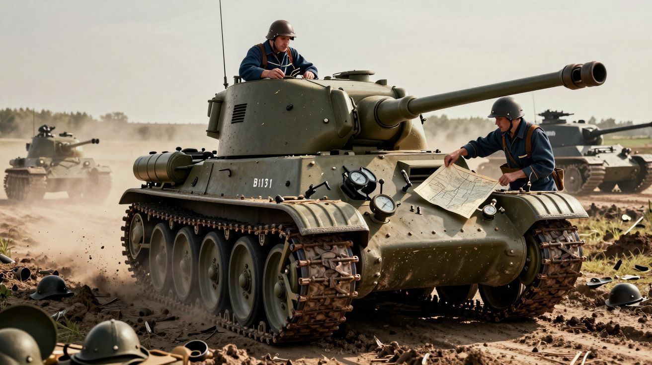 Soldados em tanque militar verde, um com mapa e outro observando, em terreno de batalha com capacetes no chão.