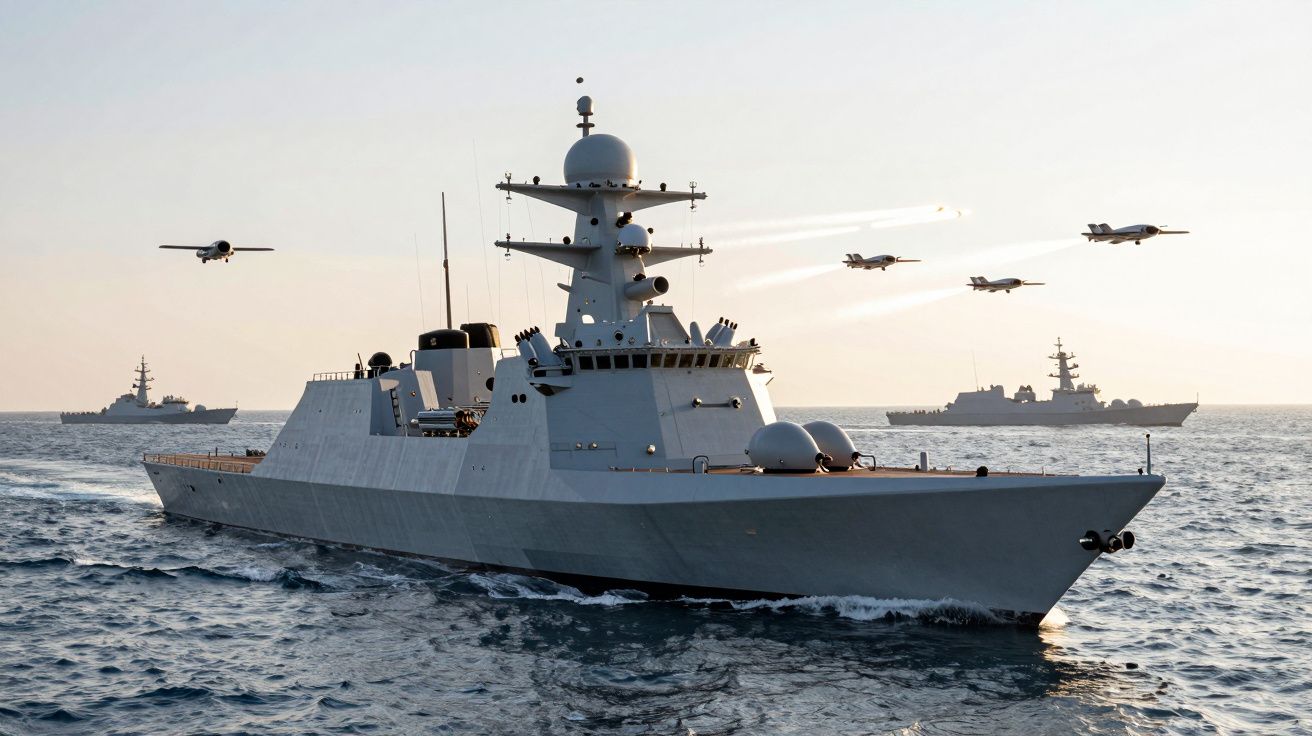 Fragata militar no mar com quatro aviões de combate no ar e mais dois navios ao fundo ao pôr do sol.