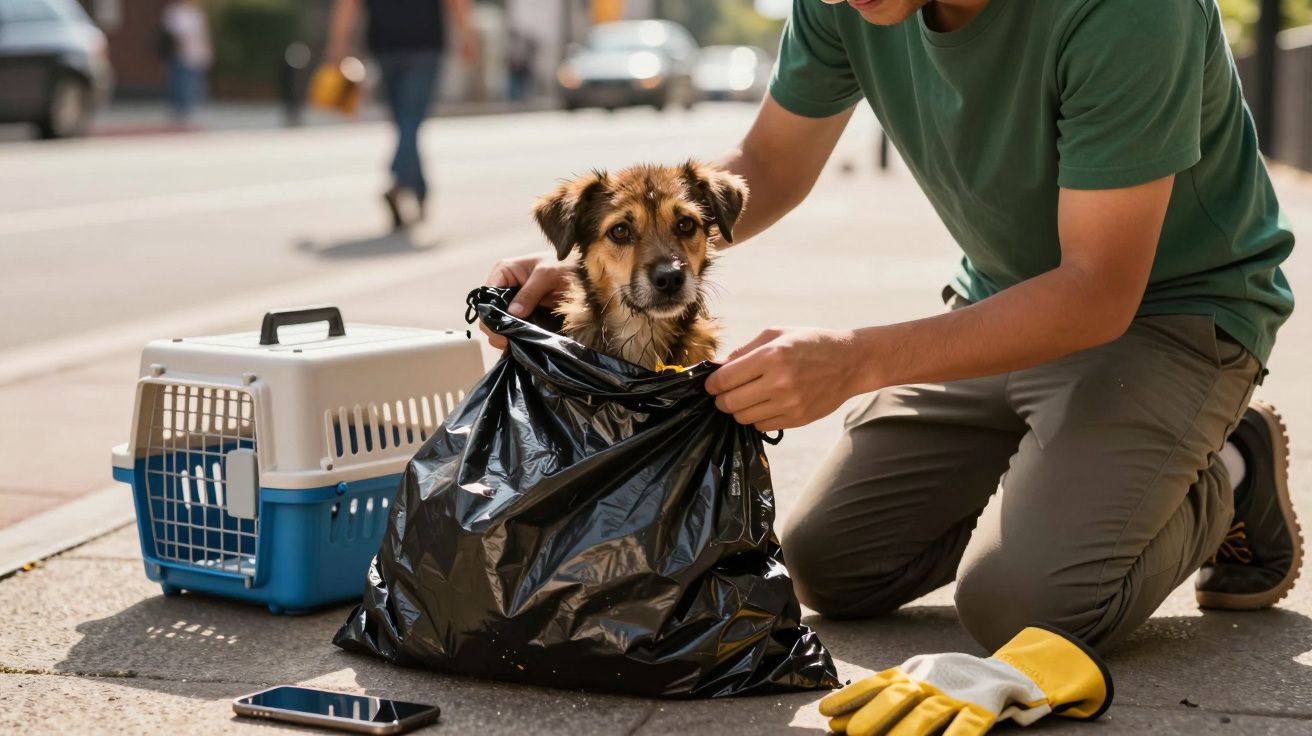 Pessoa a colocar cão com expressão triste dentro de saco de plástico numa rua movimentada.