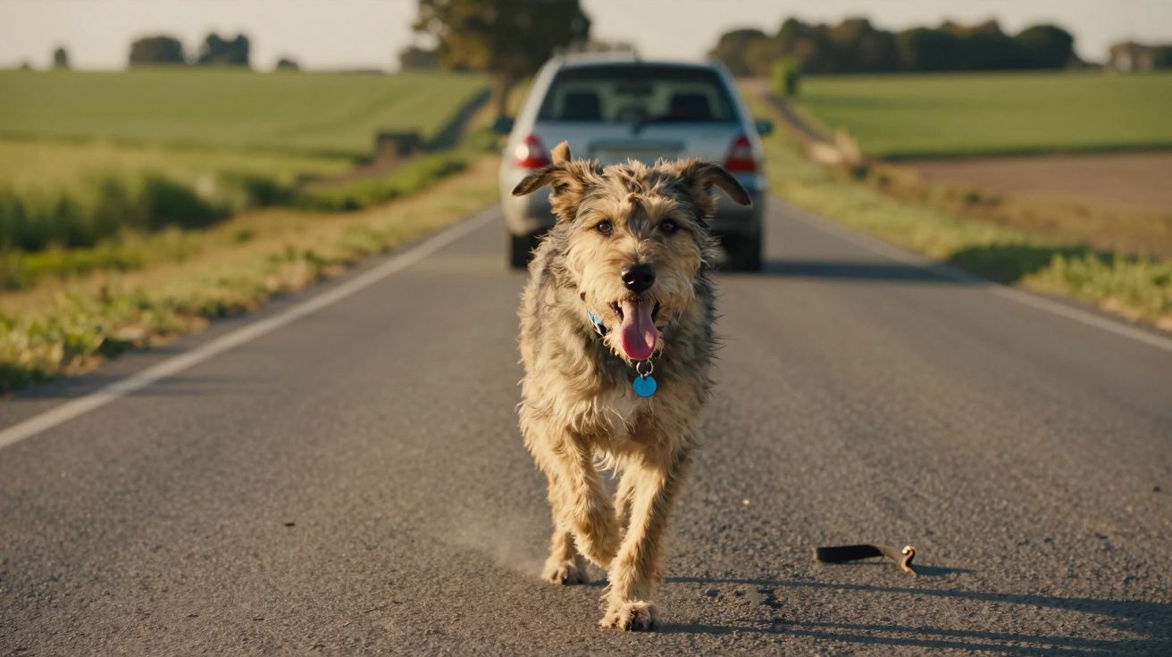 Cão feliz a correr numa estrada rural com um carro estacionado ao fundo e campos verdes à volta.