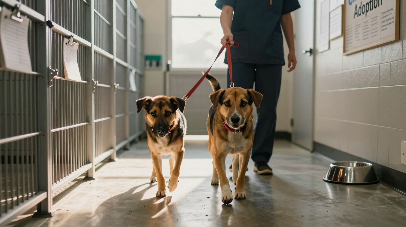 Duas cadelas de raça mista a serem levadas por um funcionário num abrigo de animais para adoção.