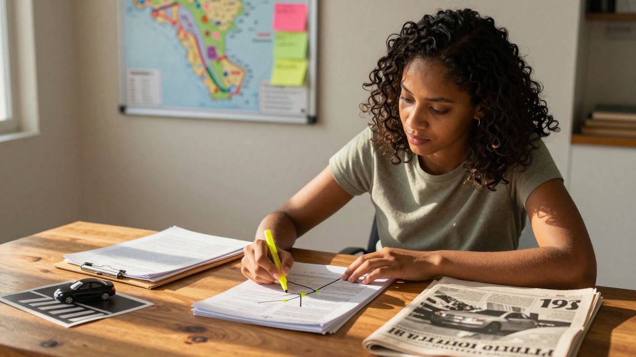 Mulher a sublinhar documentos com marcador amarelo numa mesa com jornais e mapa na parede.