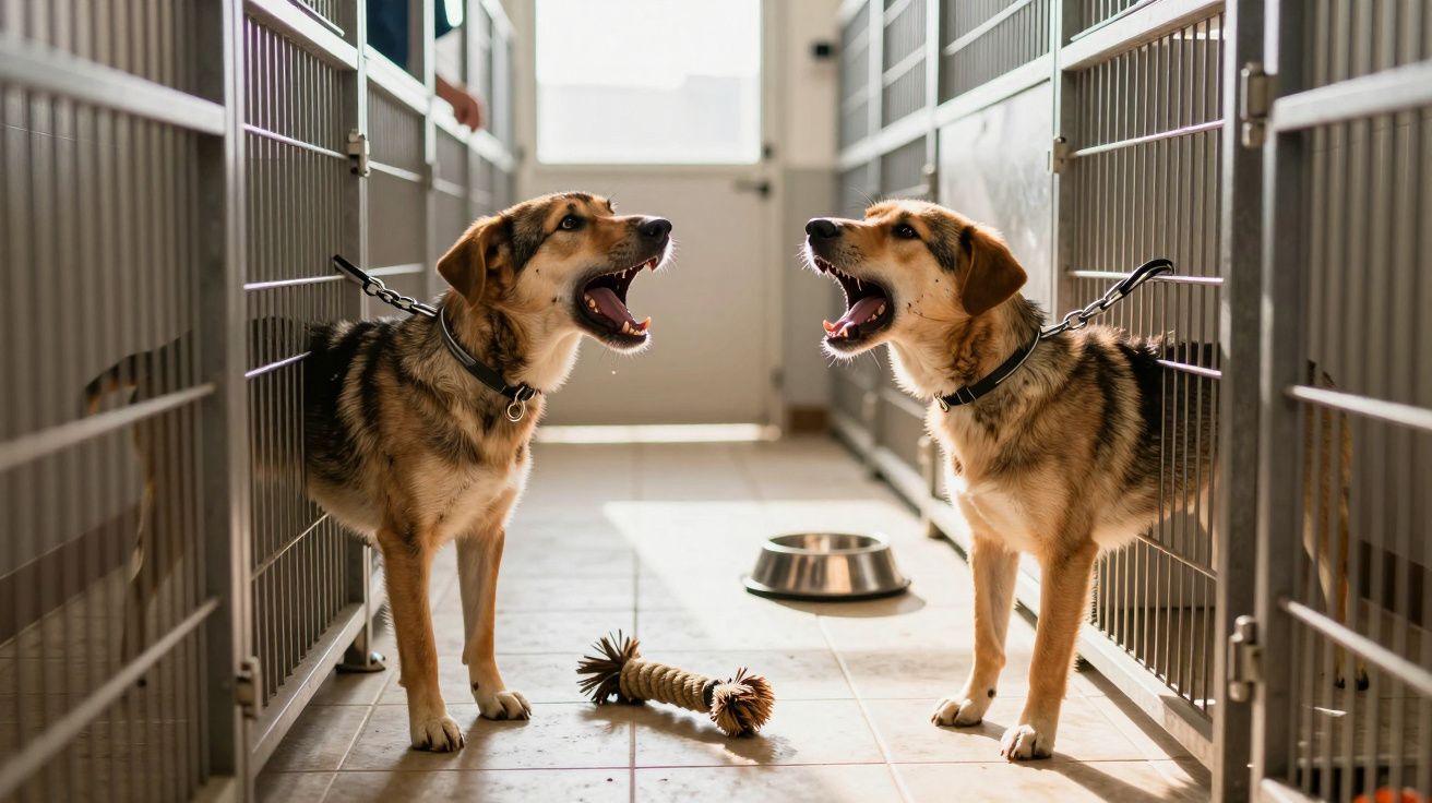Dois cães a ladrar em separado, cada um numa caixa metálica num canil interior, com brinquedo no chão e comedouro ao fundo.