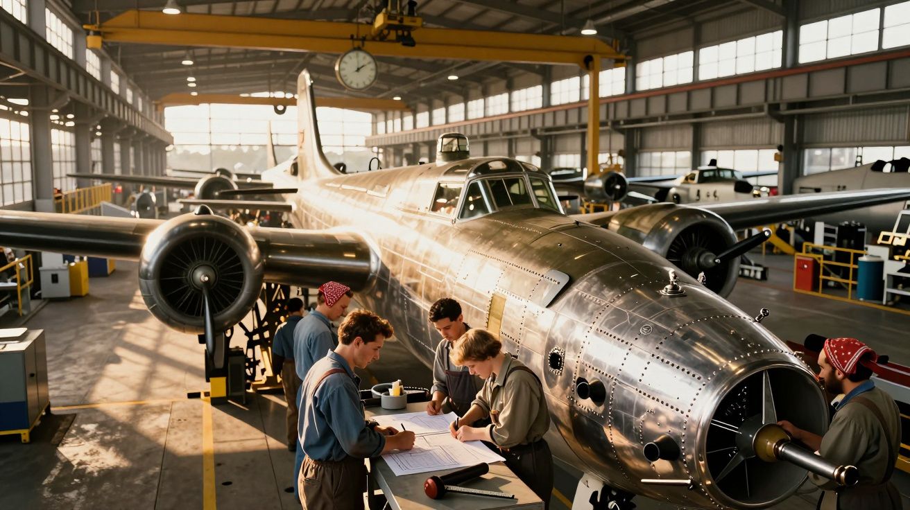 Técnicos a trabalhar em documento junto a avião metálico antigo numa oficina de manutenção aeronáutica.