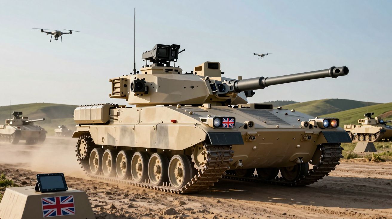 Tanque militar britânico de combate acompanhado por drones em terreno desértico com colinas ao fundo.
