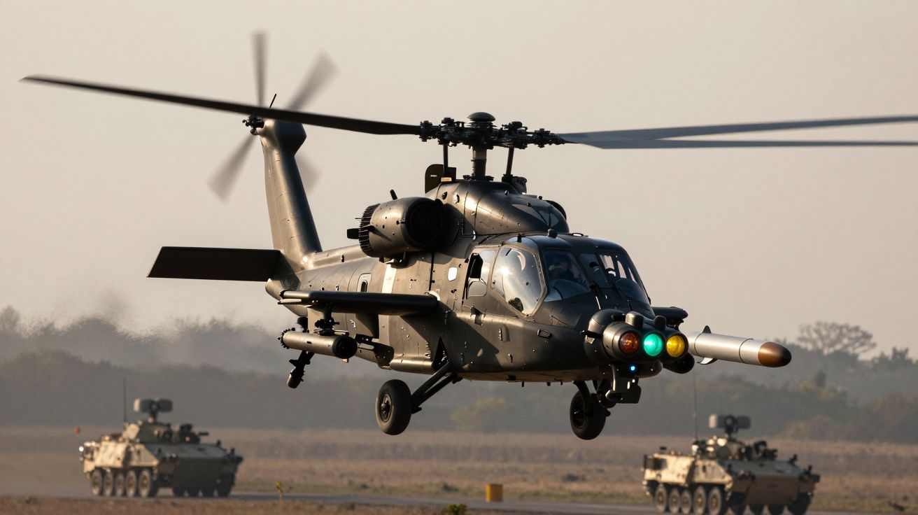 Helicóptero militar em voo baixo com tanques blindados estacionados em terreno seco ao fundo.