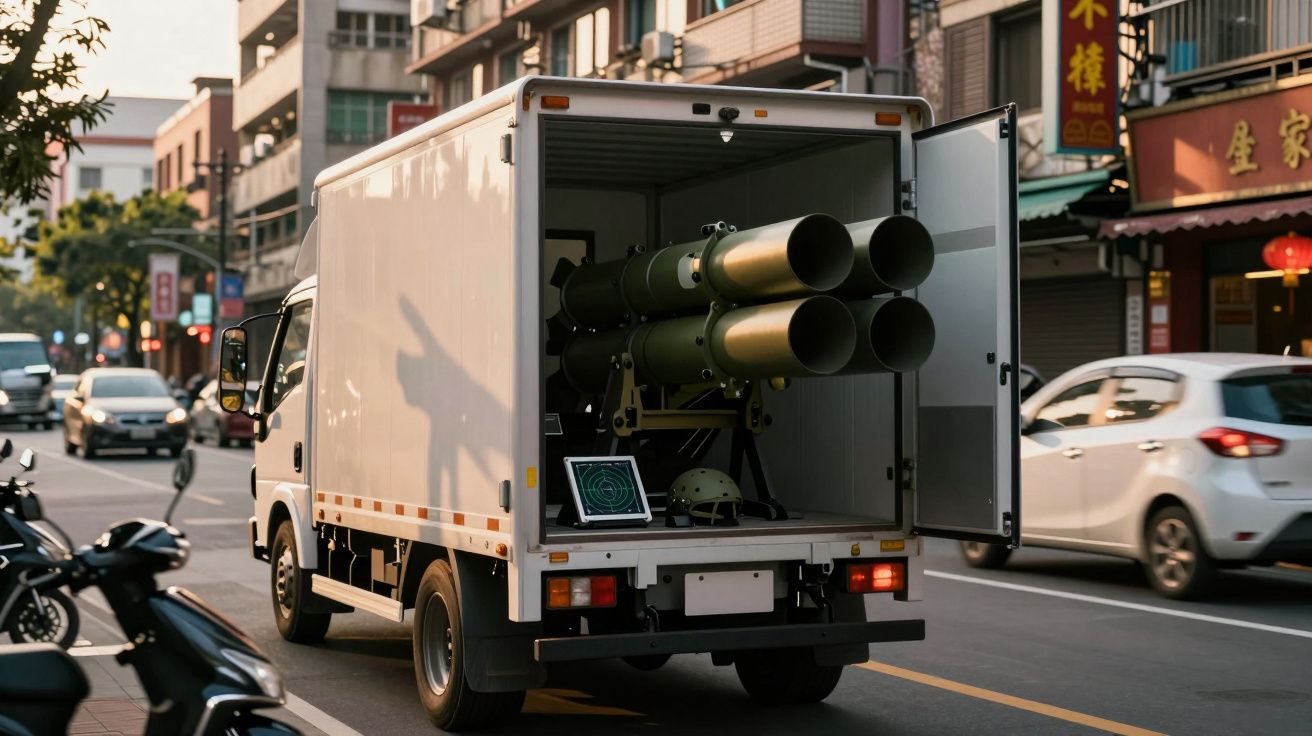 Pequeno camião branco estacionado na rua com cilindros grandes montados na parte traseira aberta.