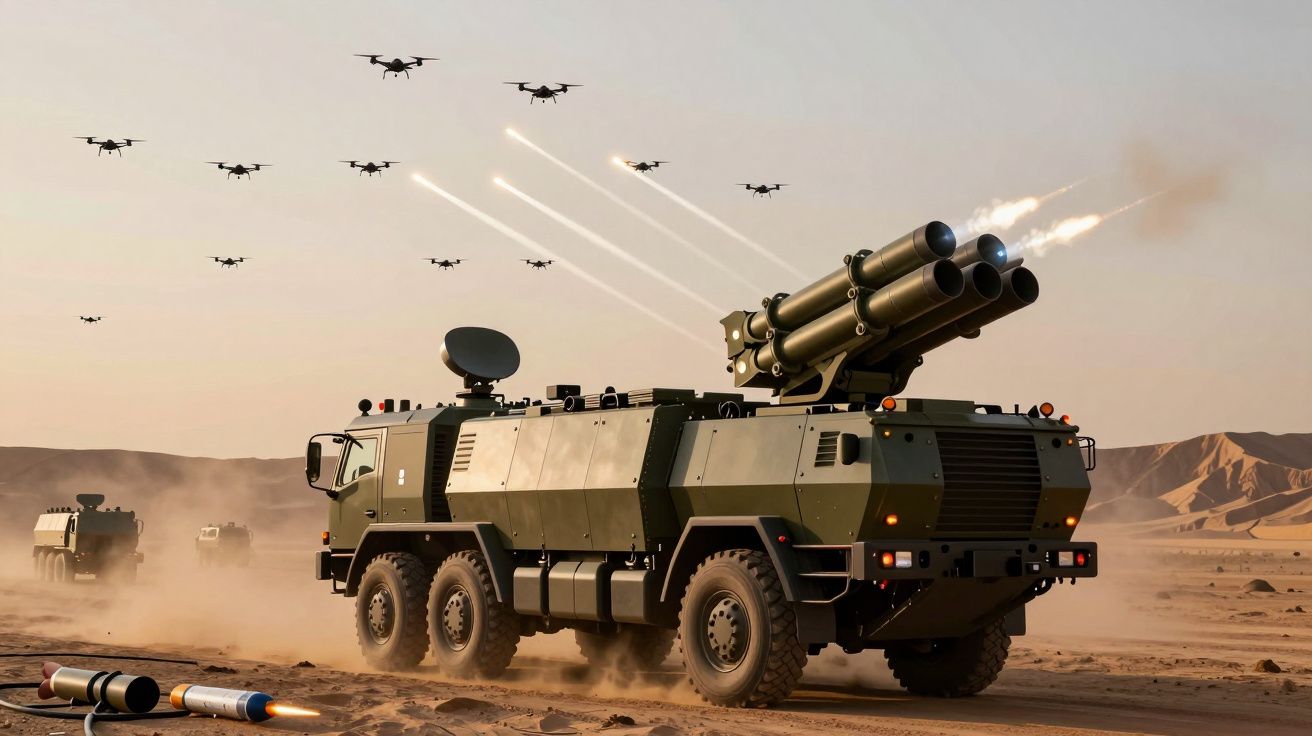 Veículo militar a disparar mísseis com drones a sobrevoar e drones caindo no deserto.