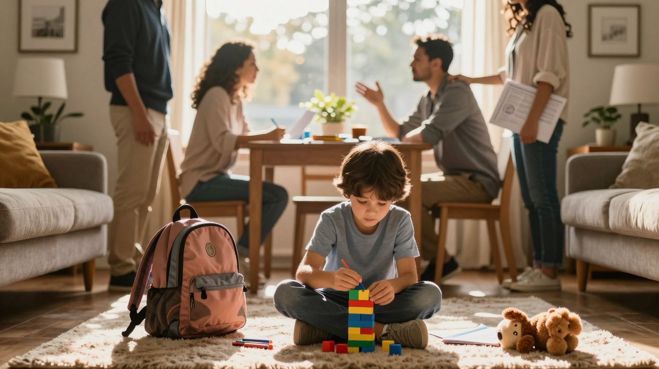 Criança sentada no chão a brincar com blocos de construção, enquanto quatro adultos conversam em segundo plano.