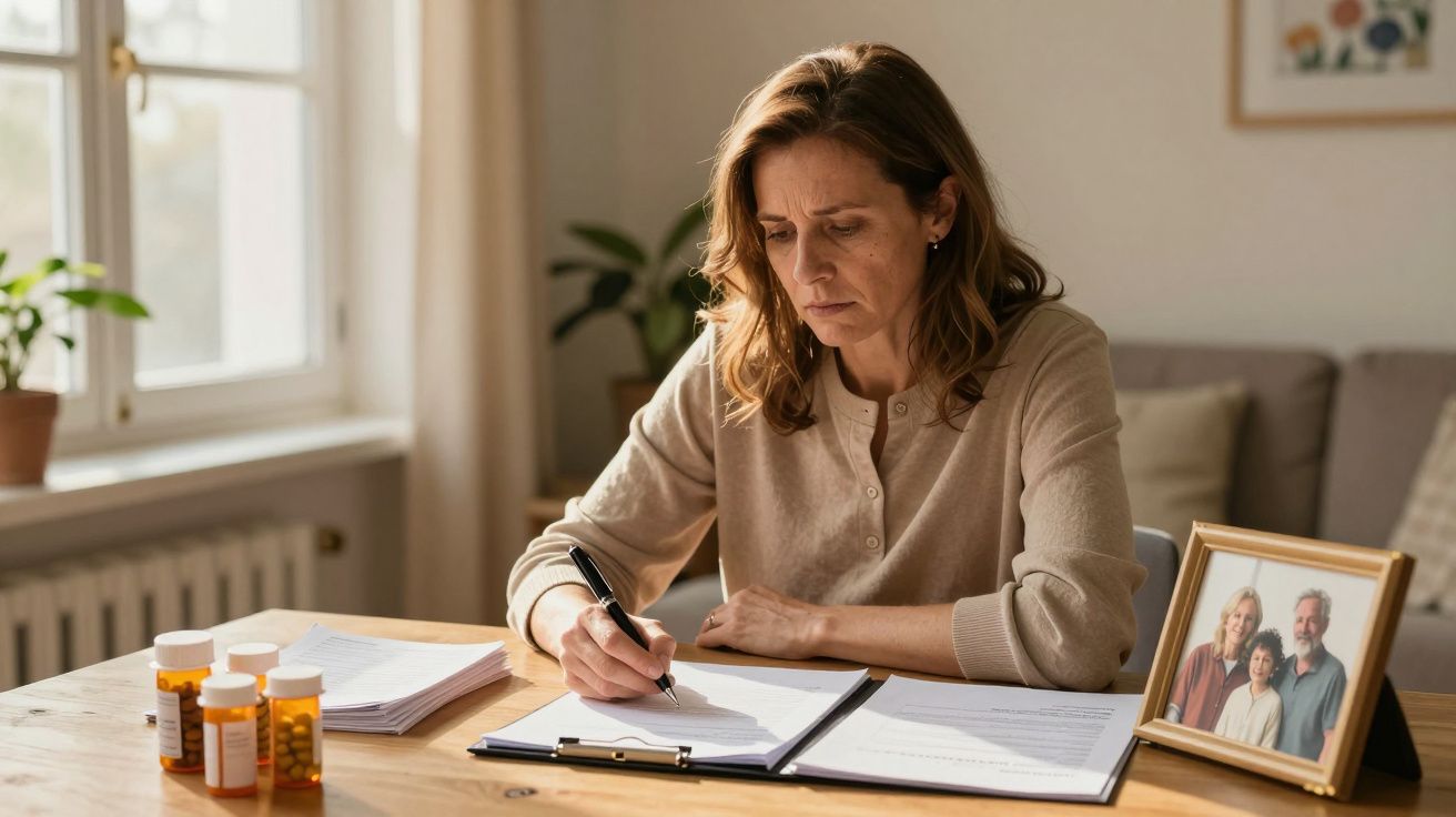 Mulher pensativa escreve em documentos numa mesa com frascos de medicamentos e uma fotografia de família.
