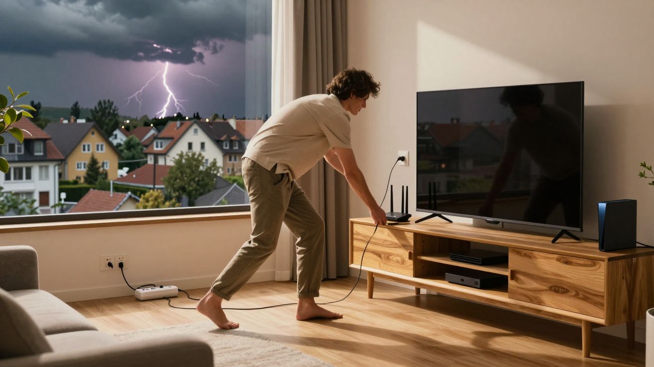 Homem a desligar equipamento eletrónico numa sala durante tempestade com relâmpago visível pela janela.