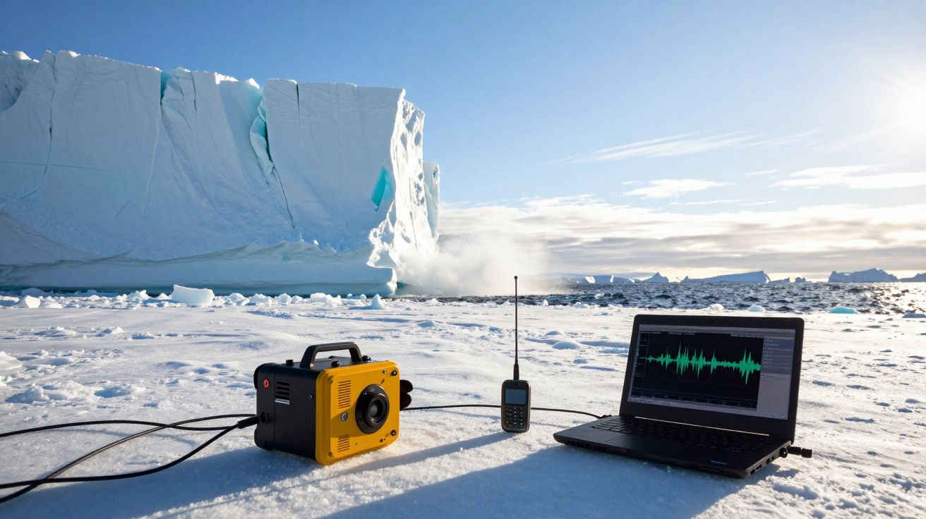 Equipamento científico com laptop e rádio em gelado ártico próximo a icebergue em dia solarengo.