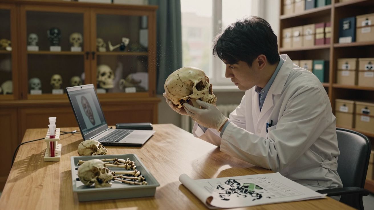Cientista a analisar crânio humano em laboratório com esqueletos e computador portátil na mesa.