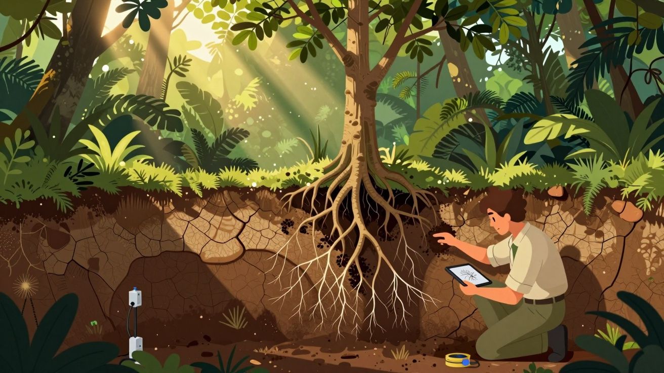 Cientista estuda raízes de árvore na floresta com tablet e equipamentos de medição no solo.