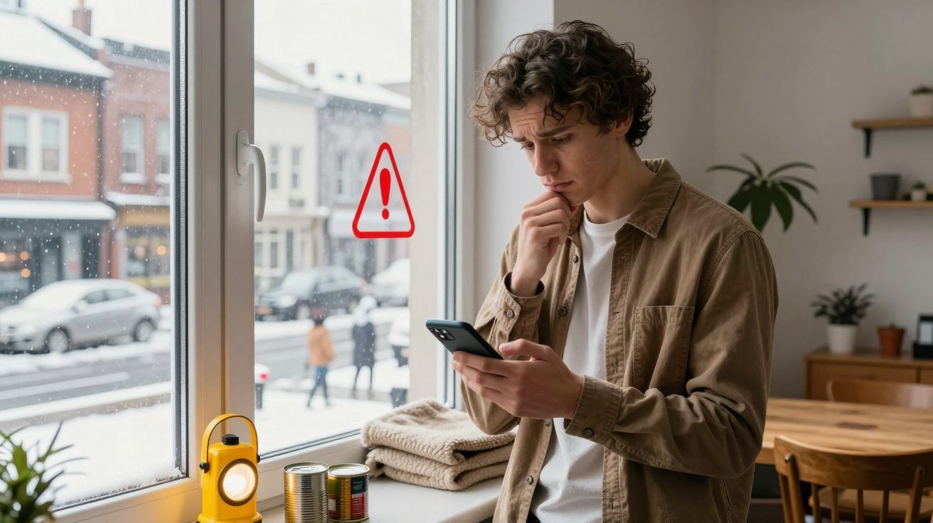 Homem preocupado a olhar para o telemóvel com símbolo de alerta na janela durante mau tempo lá fora.
