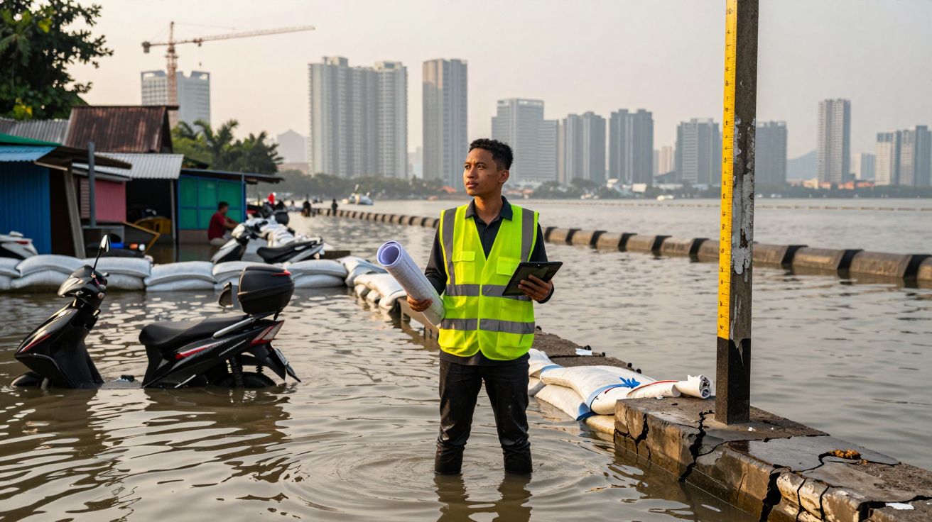 Homem com colete refletor verifica inundações numa zona urbana com água até aos joelhos e prédios ao fundo.