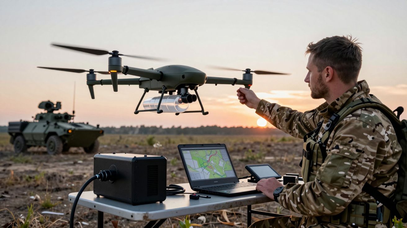 Soldado em uniforme camuflado opera drone militar junto a computador e veículo blindado ao pôr do sol.