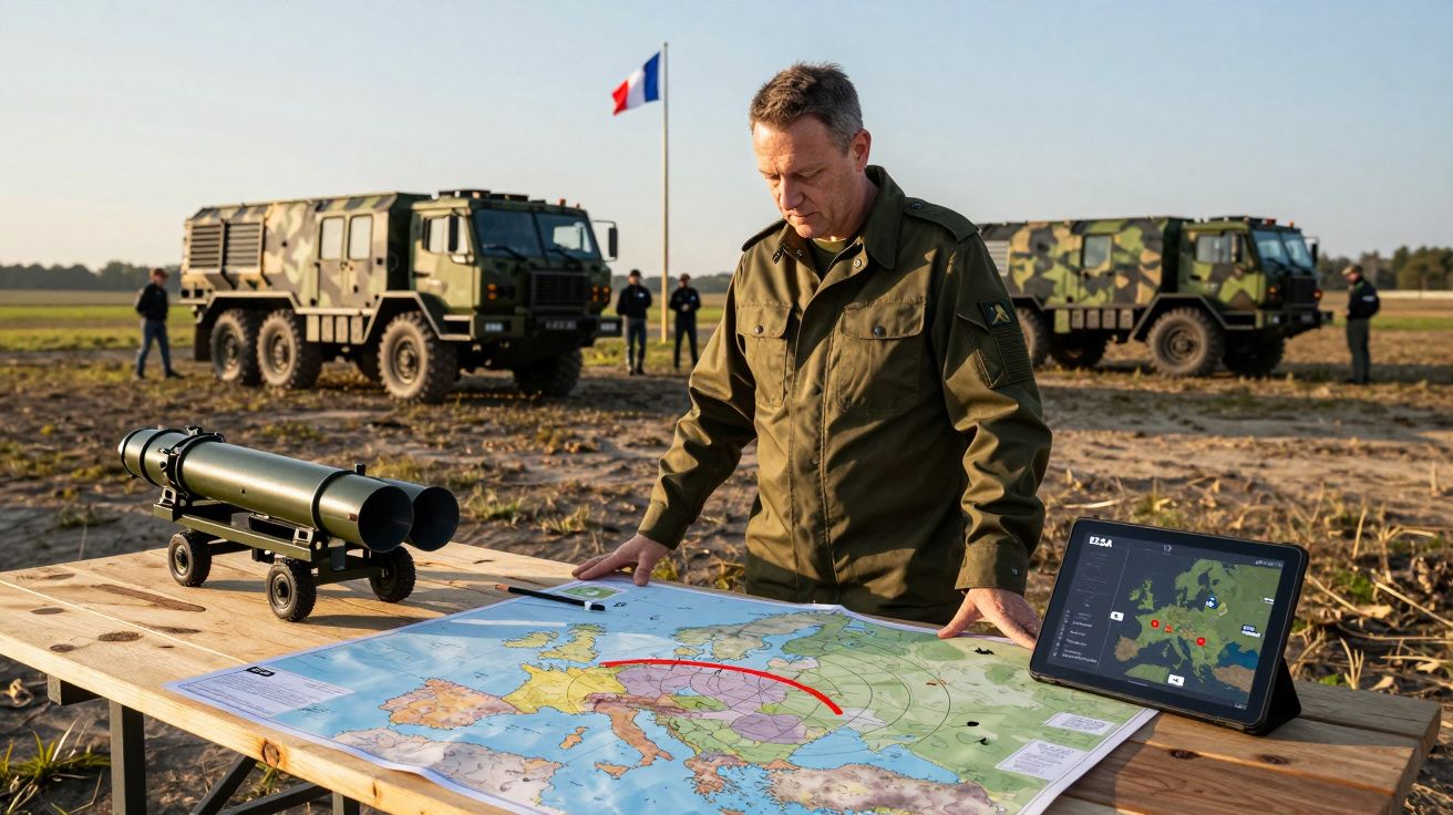 Militar francês examina mapa com rotas em mesa, veículos militares e bandeira francesa ao fundo.