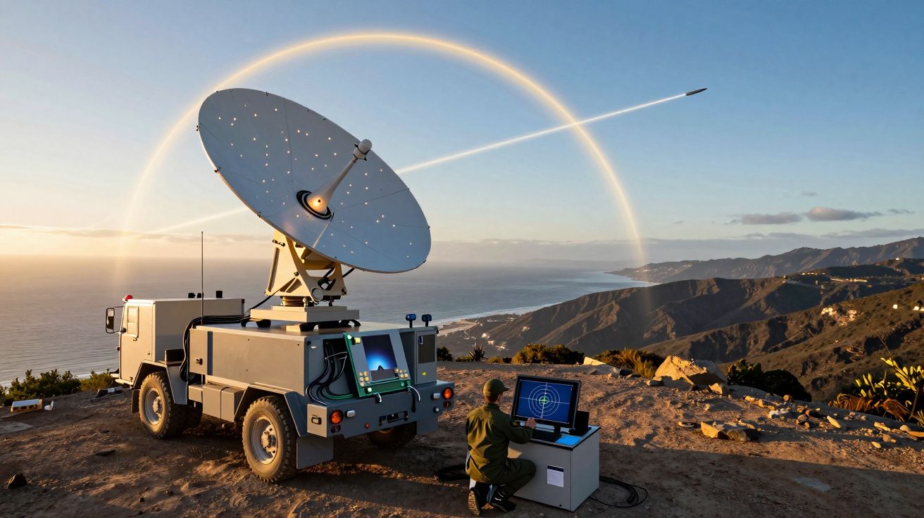 Antena parabólica móvel com operador em terreno montanhoso no pôr do sol, enviando sinal para o céu.