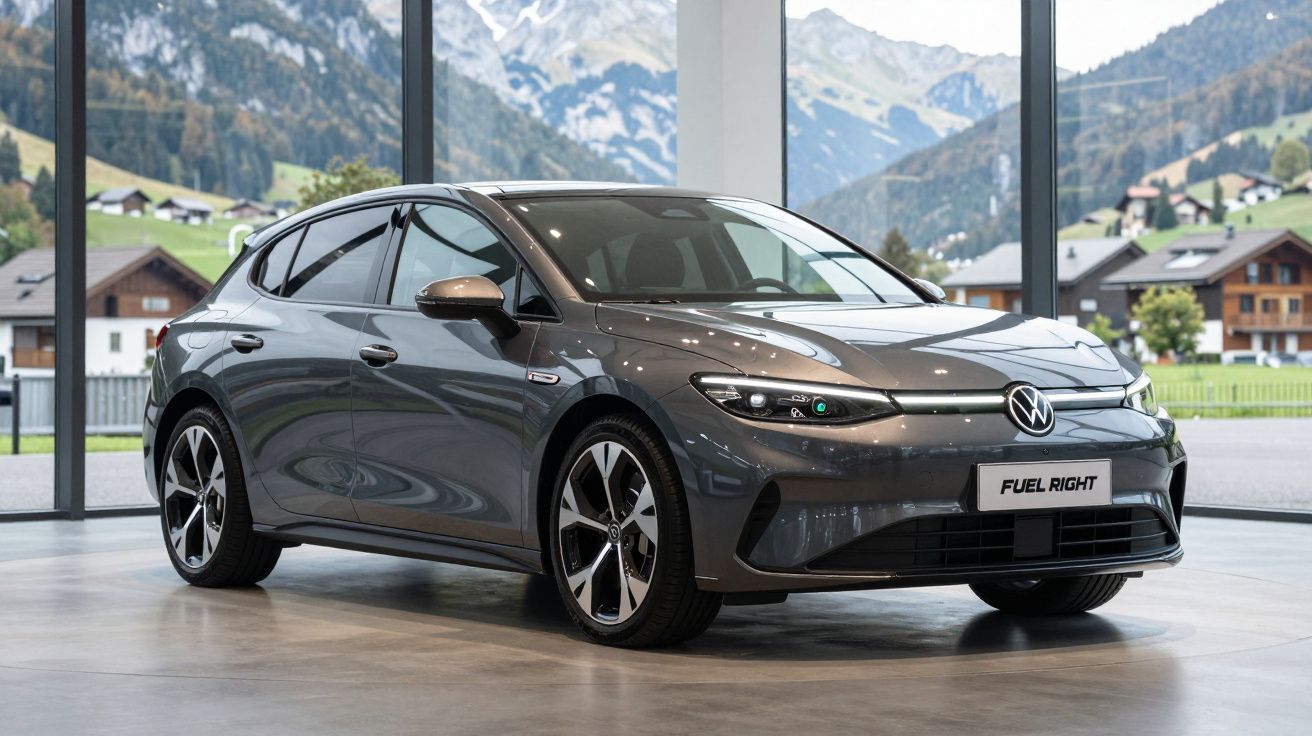 Carro elétrico Volkswagen cinzento estacionado dentro de um showroom com janelas grandes e vista para montanhas.