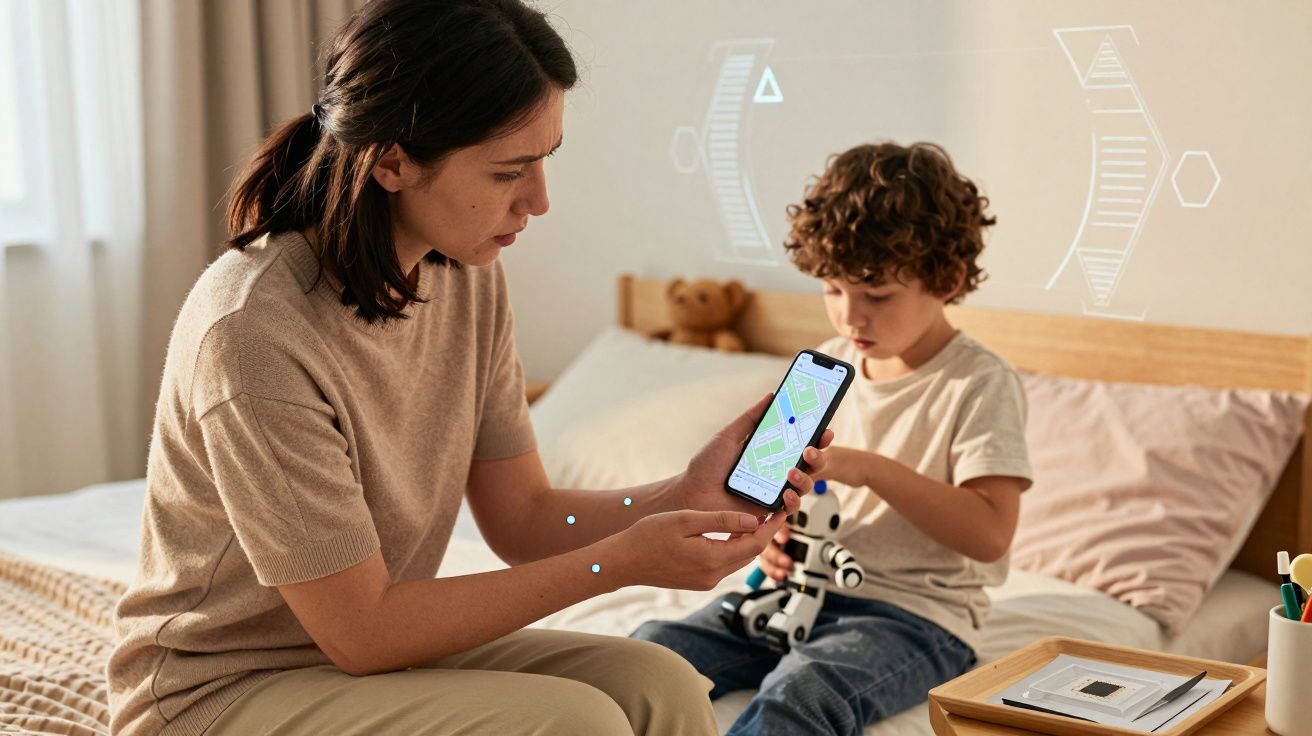 Mulher mostra smartphone com mapa a menino sentado na cama a brincar com robô num quarto iluminado.