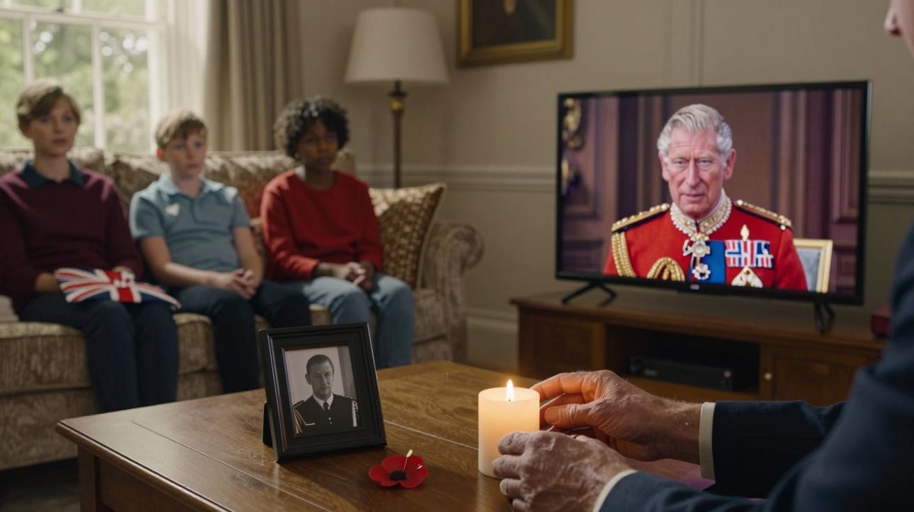Pessoa a acender uma vela junto a uma fotografia emoldurada, com três crianças sentadas no sofá e um discurso real na televis