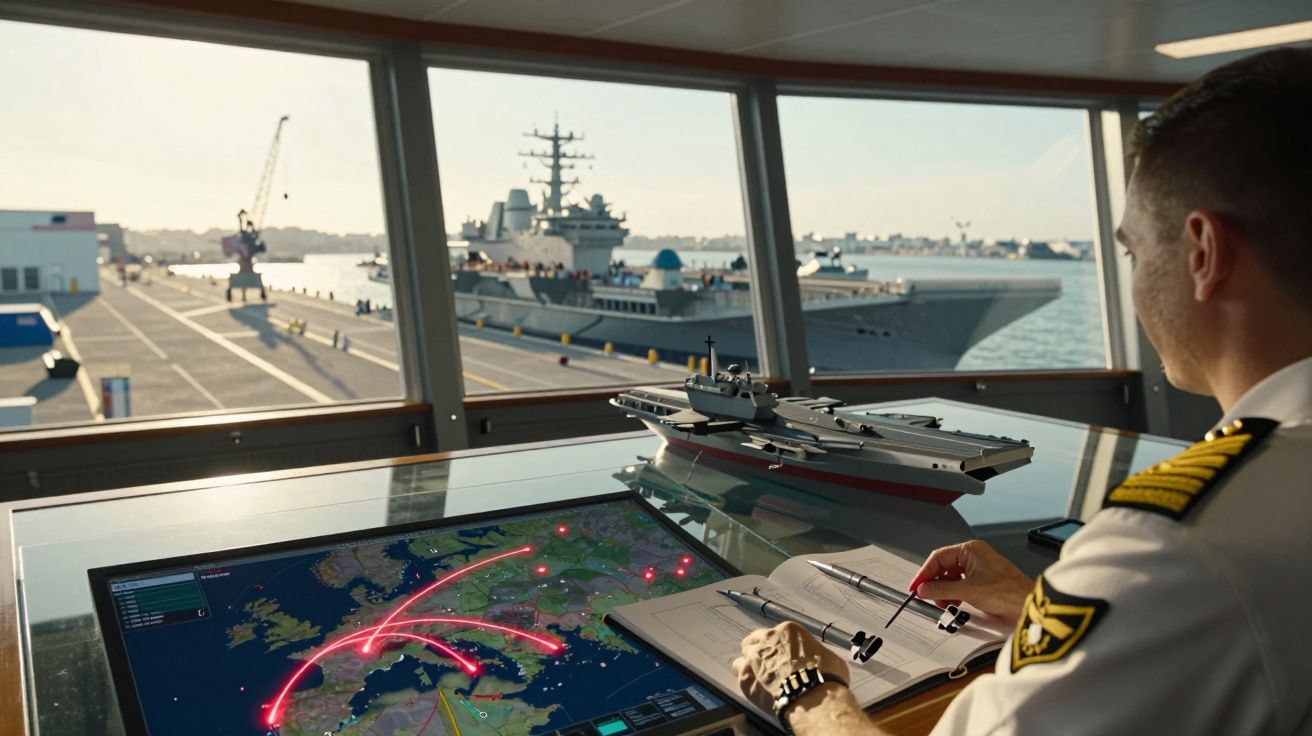 Oficial naval a analisar mapas digitais e maquete de porta-aviões com navio de guerra ao fundo no porto.