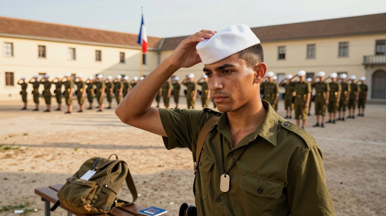 Soldado em uniforme verde e boina branca ajusta chapéu durante treino militar ao ar livre com colegas ao fundo.