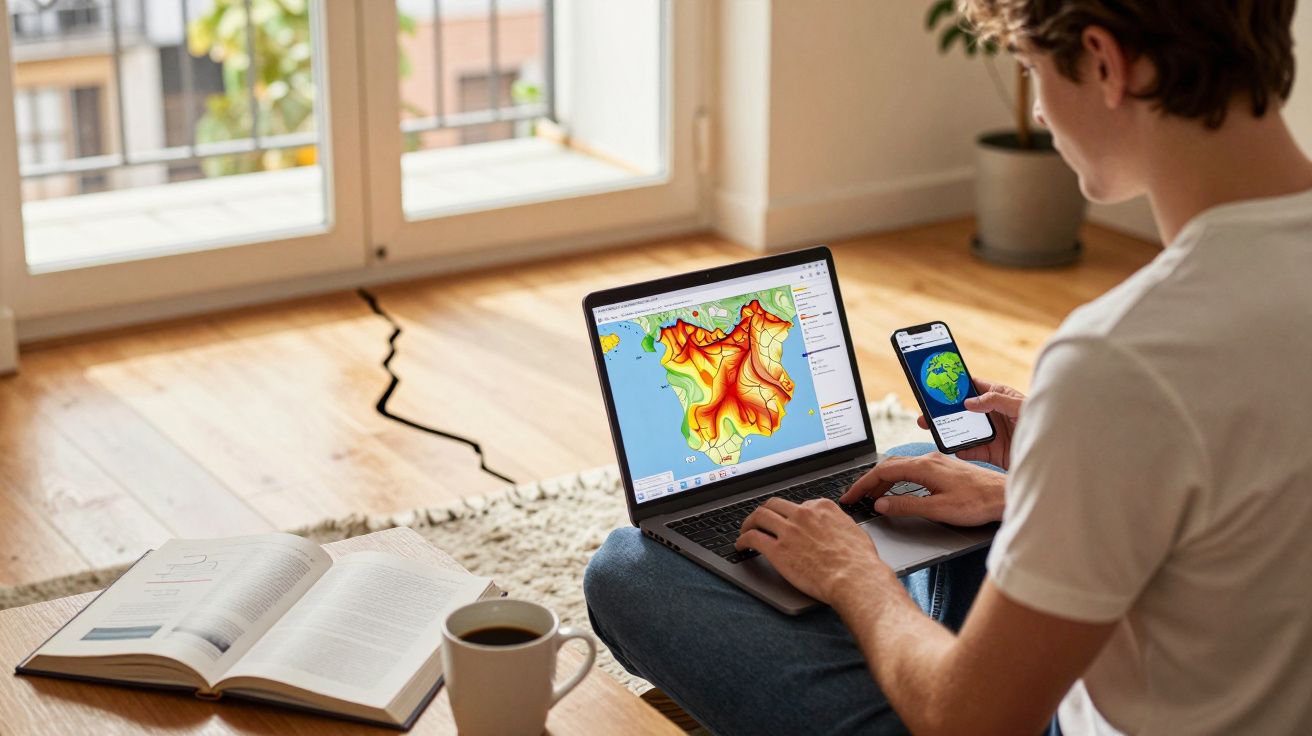 Pessoa sentada no chão com portátil a mostrar análise térmica e telemóvel com imagem do globo terrestre.