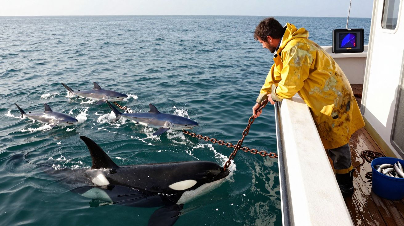 Homem de amarelo a alimentar orca e tubarões em alto mar desde um barco.