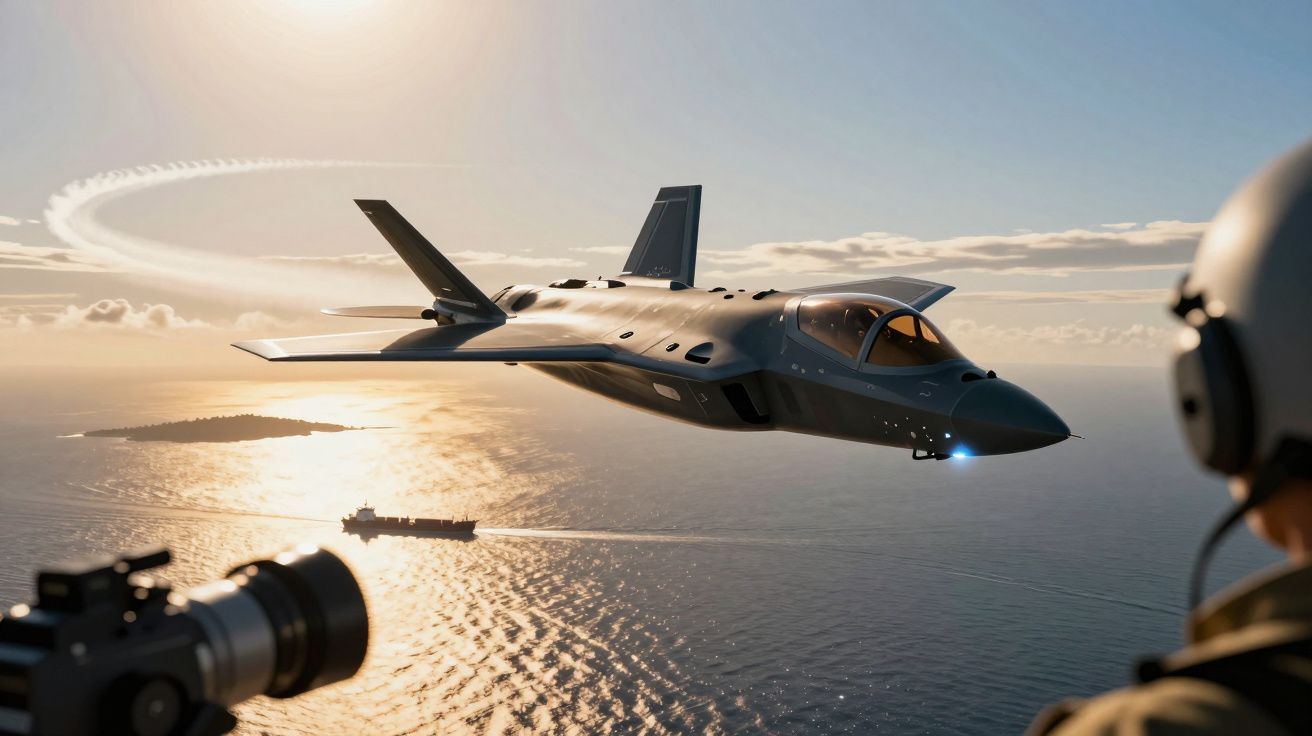 Avião militar futurista a voar sobre o mar durante o pôr do sol, com um fotógrafo e piloto em primeiro plano.