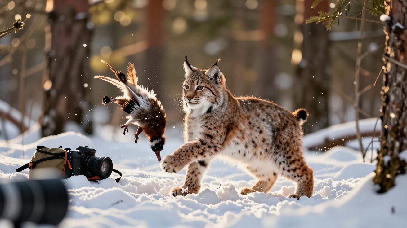 Lince na neve atingindo um pato em queda numa floresta com máquina fotográfica ao lado.