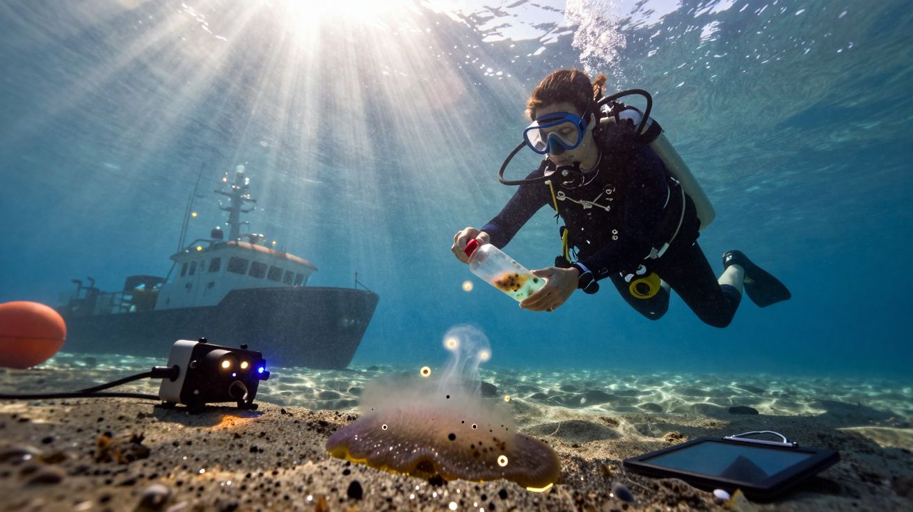 Mergulhador científico a recolher amostra marinha no fundo do oceano com barco de apoio à superfície.