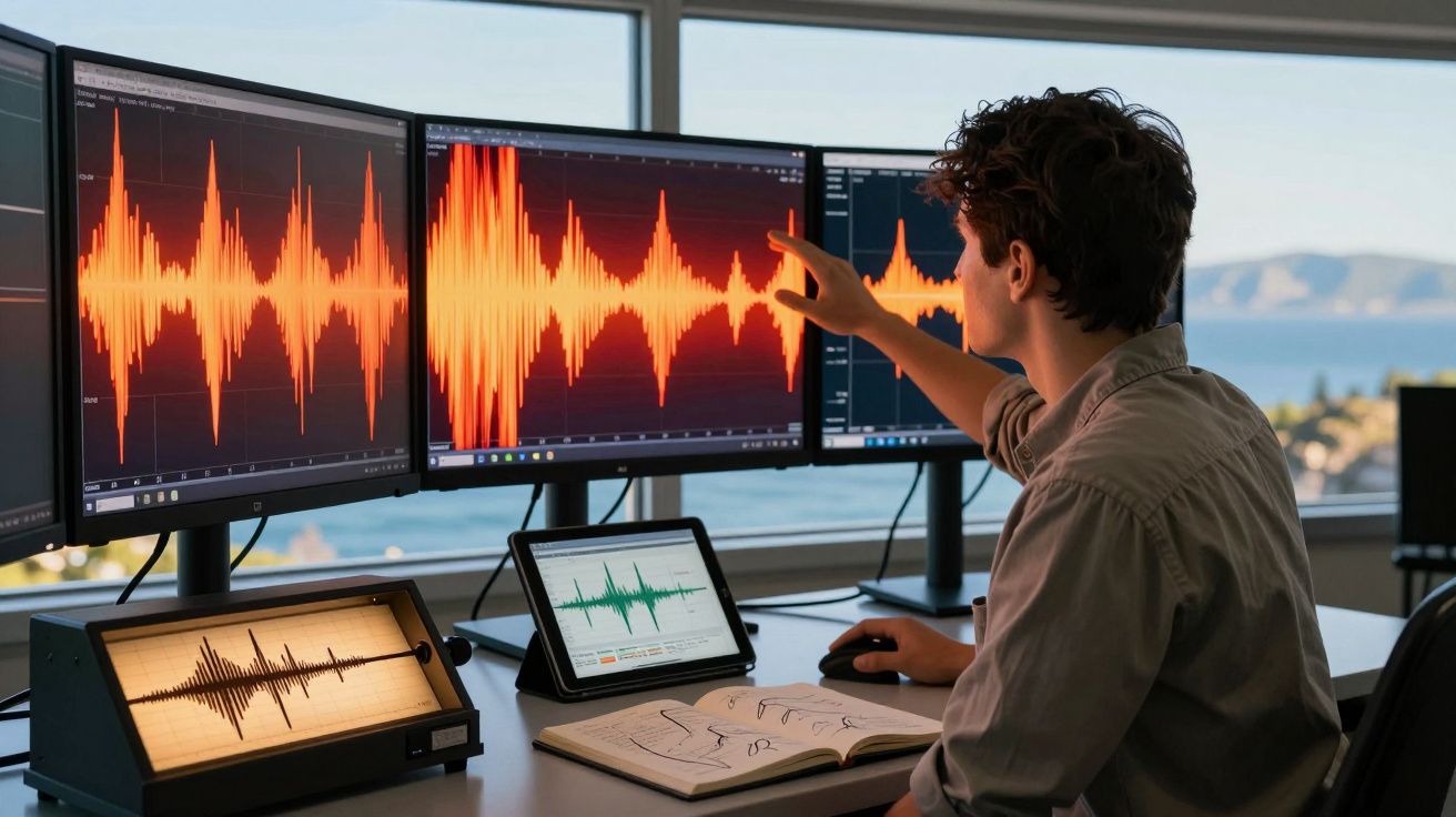 Pessoa a analisar gráficos e ondas sonoras em vários ecrãs num escritório com vista para o mar.