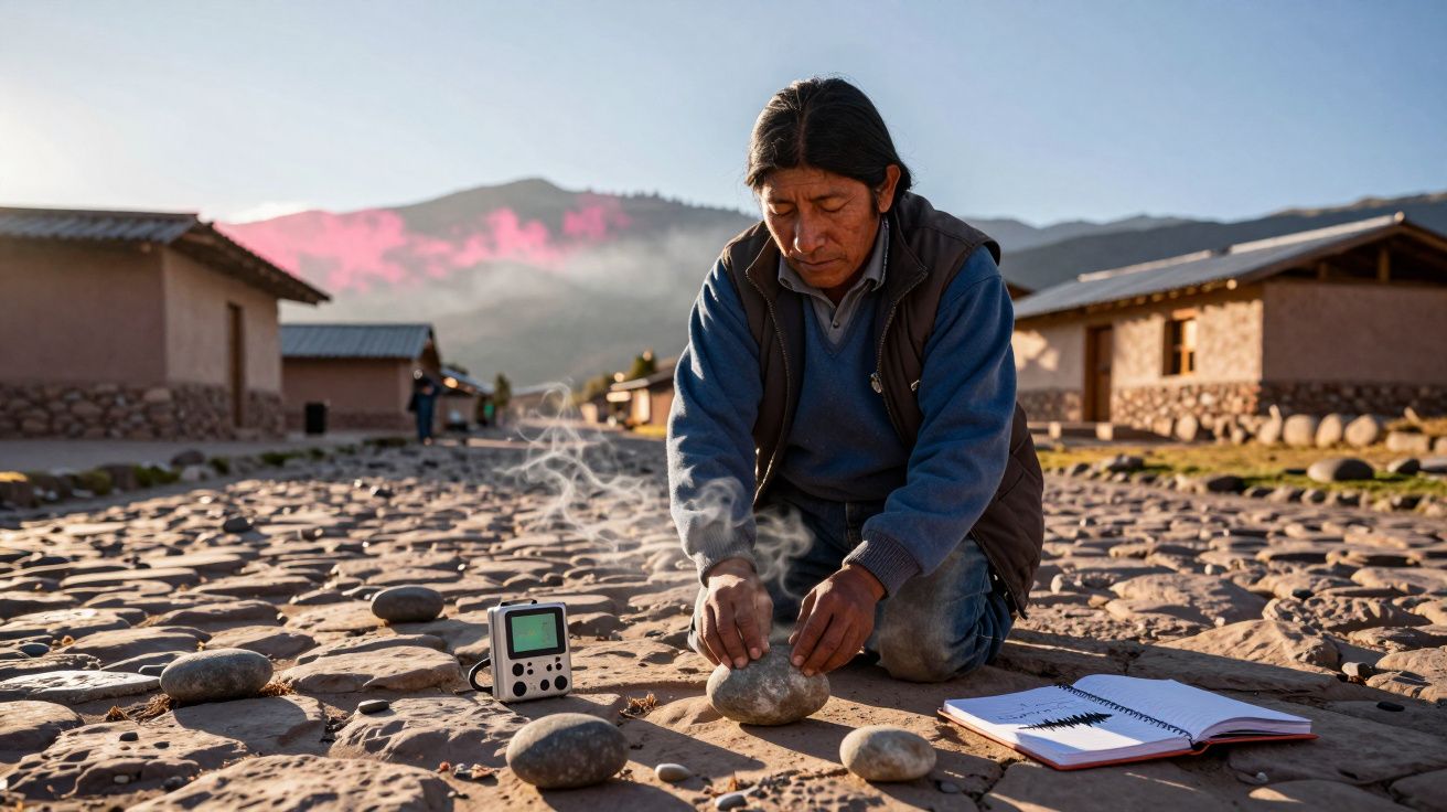 Homem ajoelhado a medir atividade sísmica com pedras e equipamento num caminho de pedra ao ar livre.