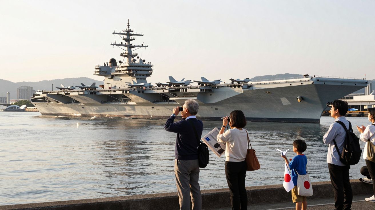 Pessoas olhando e fotografando um porta-aviões militar no porto durante um dia claro.