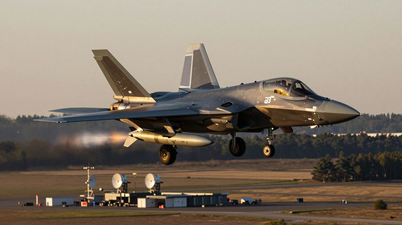 Caça militar cinzento descolando ao entardecer em pista com prédio e árvores ao fundo.