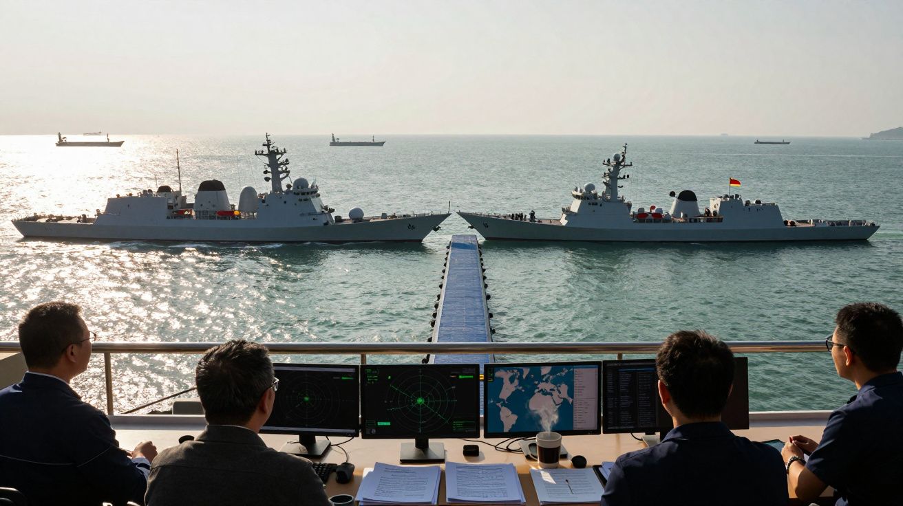 Quatro militares observam dois navios de guerra alinhados no mar durante o entardecer.