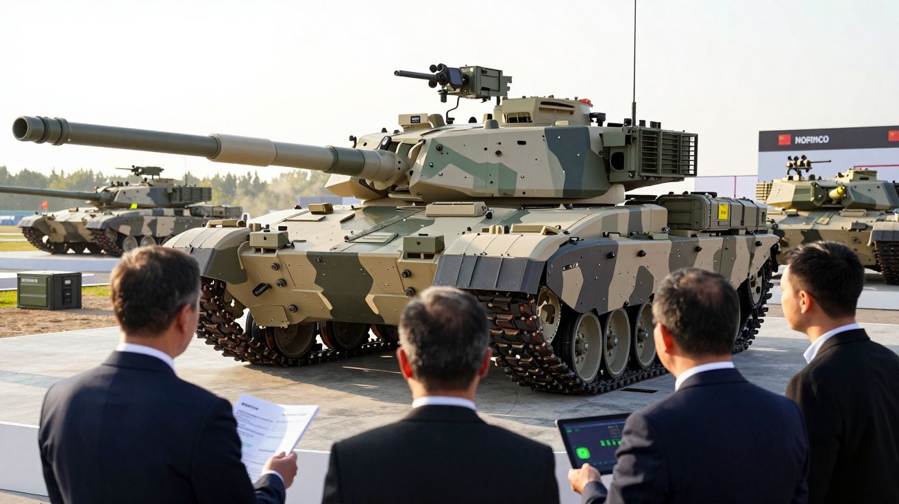 Quatro homens observam um tanque camuflado estacionado numa feira de defesa ao ar livre.