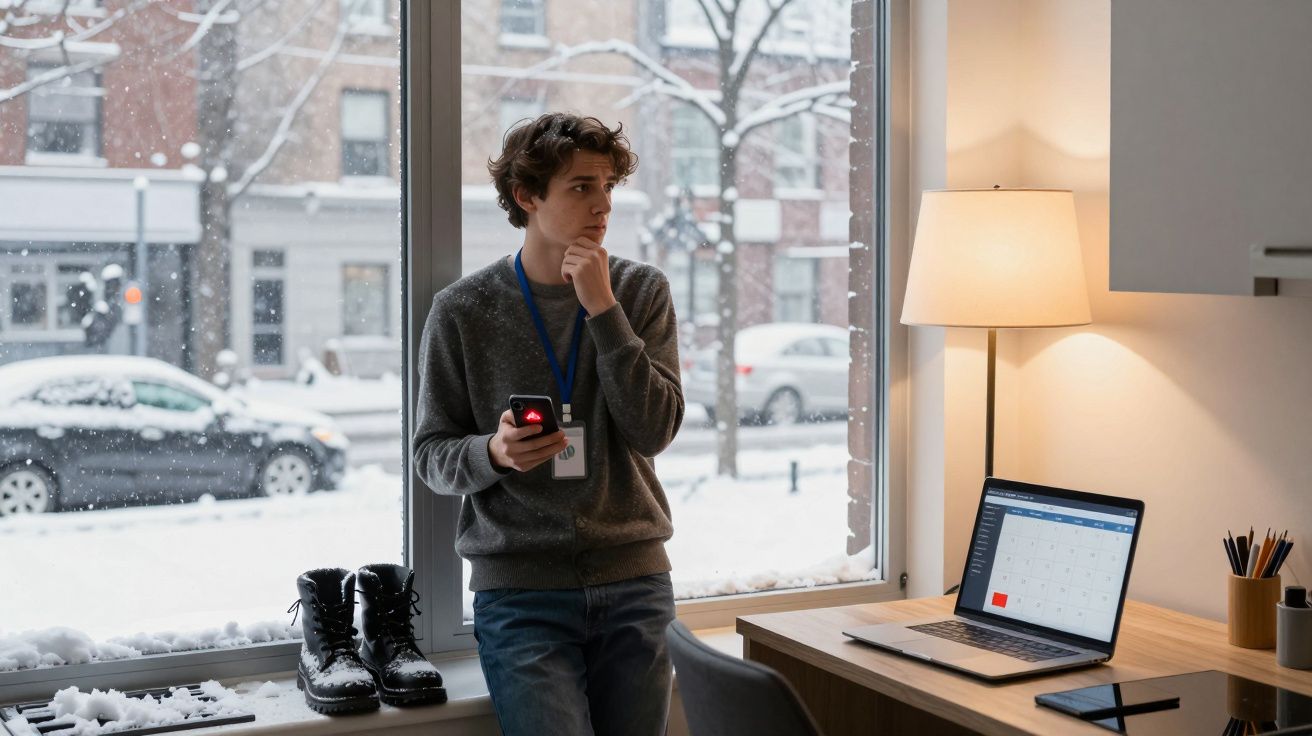 Jovem pensativo junto a janela com neve, segurando telemóvel, perto de mesa com computador portátil e candeeiro aceso.
