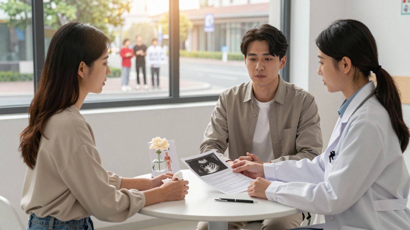 Casal numa consulta médica com profissional a mostrar uma ecografia numa sala iluminada junto a uma janela.